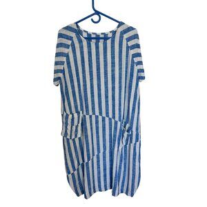 Womens Blue & White Midi Dress Striped Linen Asymmetrical Pockets Beach Medium
